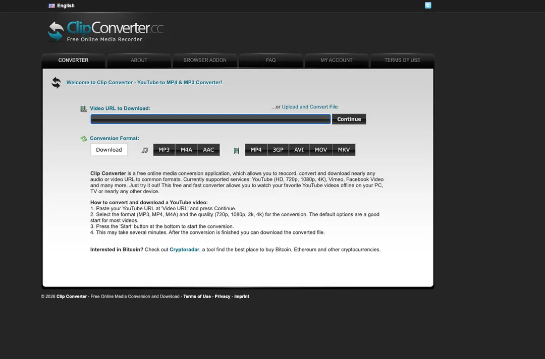 ClipConverter.cc home page with the video URL box, the format buttons and a Cryptoradar link at the bottom