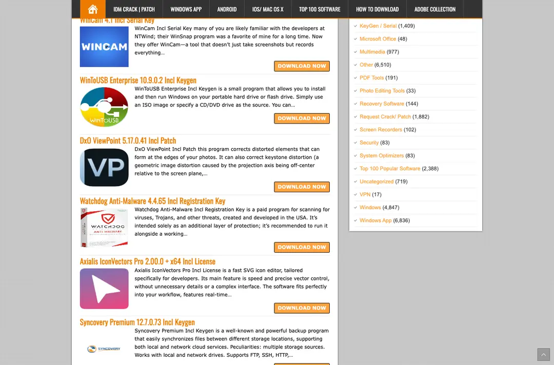 CrackingPatching.com home page scrolled down, showing listings of programs sold with a keygen, patch or registration key and a category list