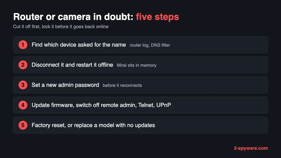Five steps for a router or camera that may be infected: find the device, restart it offline, set a new password, update and close remote access, then reset or replace it