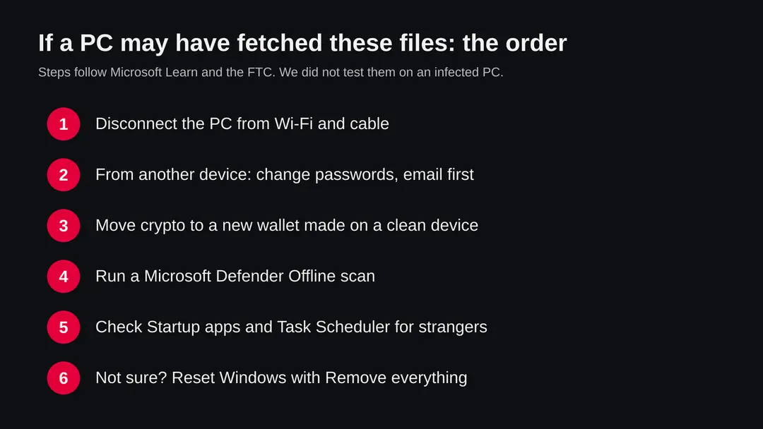 Six steps in order: disconnect the PC, change passwords from another device, move crypto, run a Defender Offline scan, check startup entries, reset Windows if unsure