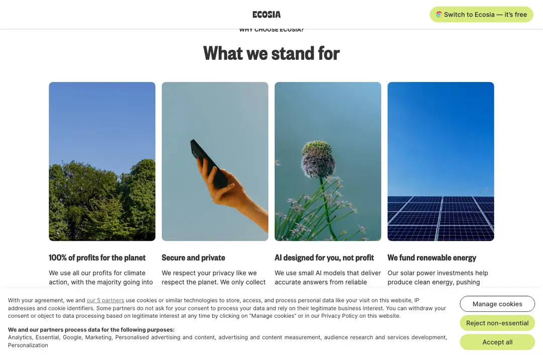 Ecosia home page with the Switch to Ecosia button, four value panels and a cookie consent banner