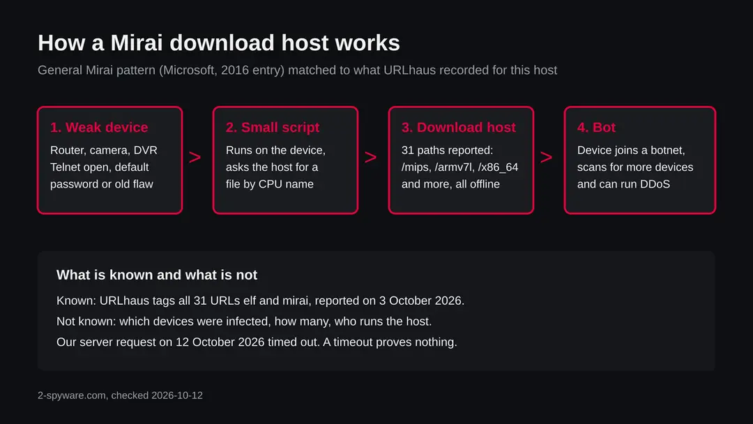 Four step chain: a weak device, a small script, the download host with 31 reported paths, then a bot that scans for more devices