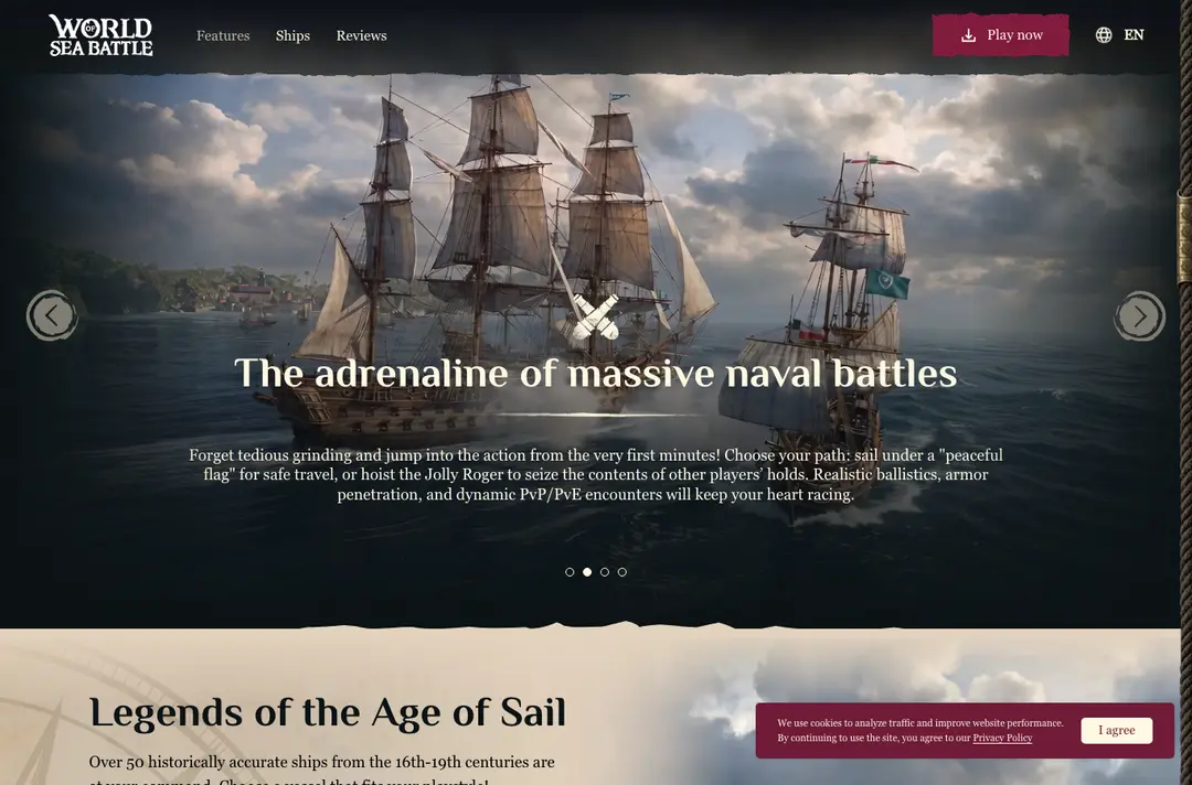 The English-language World of Sea Battle site with two sailing ships, a Play now button and a cookie notice, which exinariuminix.info led to on 6 October 2026