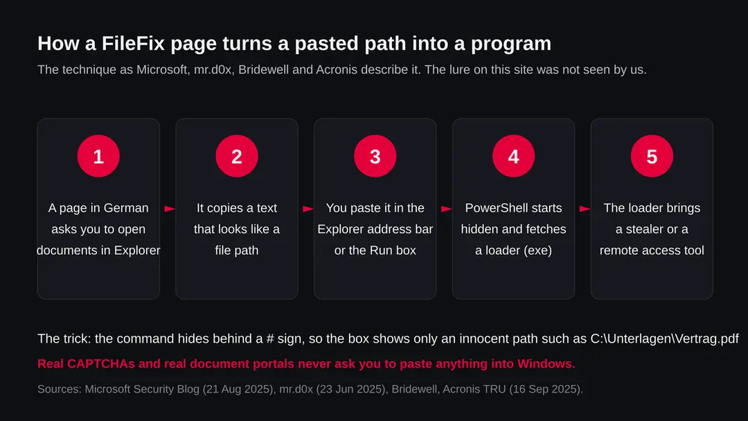 Five steps of a FileFix attack: a page asks you to open documents in Explorer, it copies a text that looks like a file path, you paste it in the Explorer address bar or the Run box, PowerShell starts and fetches a loader, the loader brings a stealer or remote access tool