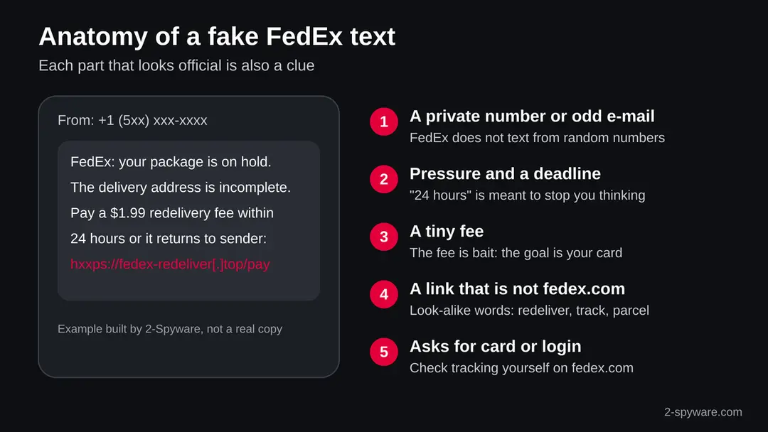 Infographic showing a fake FedEx delivery text with five numbered warning signs: sender, deadline, small fee, look-alike link and request for card details