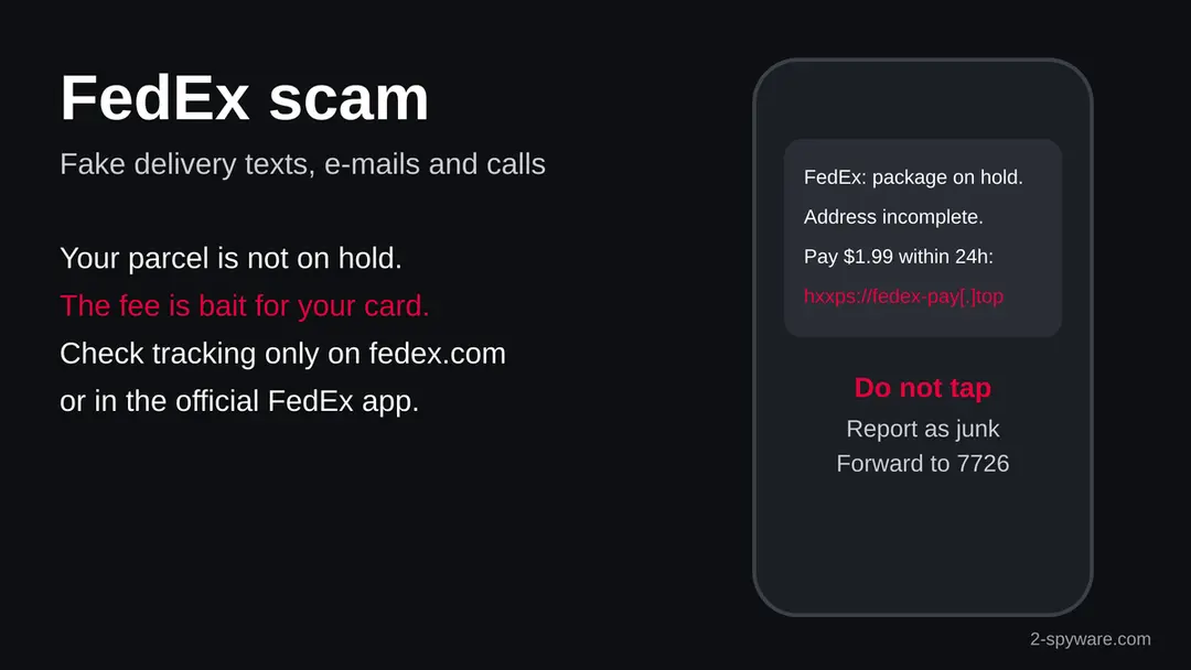 Title picture of the FedEx scam guide with a phone showing a fake package on hold text that asks for a small fee through a look-alike link
