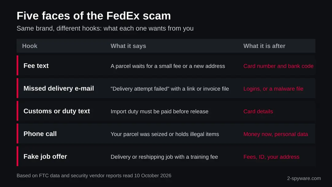 Table infographic of five FedEx scam hooks: fee text, missed delivery e-mail, customs text, phone call and fake job offer, with what each one wants