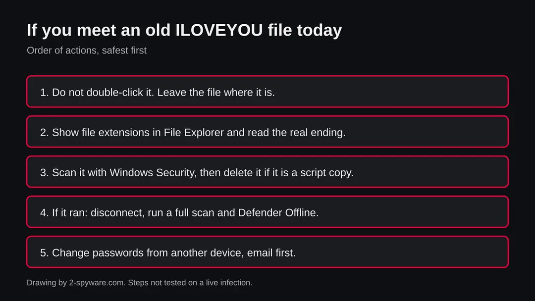 Five numbered boxes showing the order of actions: do not open, show file extensions, scan and delete, disconnect and run a full scan if it ran, change passwords