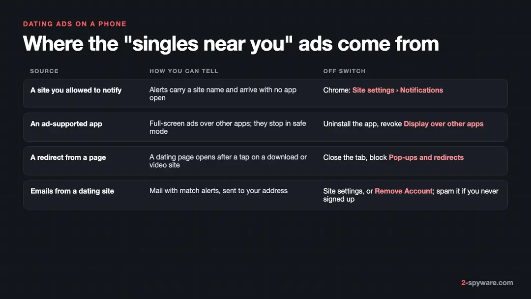 Table of four sources of dating ads on a phone: notification sites, ad-supported apps, redirects and dating-site emails, with the off switch for each