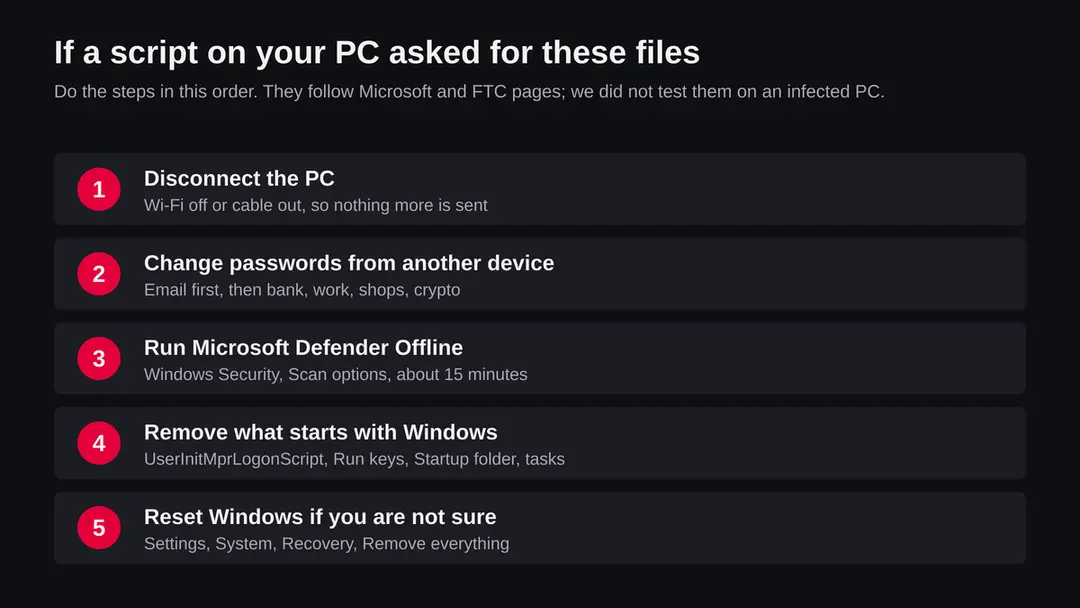 Five steps in order: disconnect the PC, change passwords from another device, run Microsoft Defender Offline, remove what starts with Windows, reset Windows if unsure