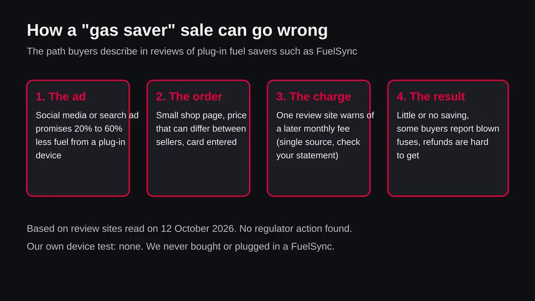 Four boxes: the ad promises 20 to 60 percent fuel savings, the order on a small shop page, a possible later monthly charge, and little or no saving with some reports of blown fuses