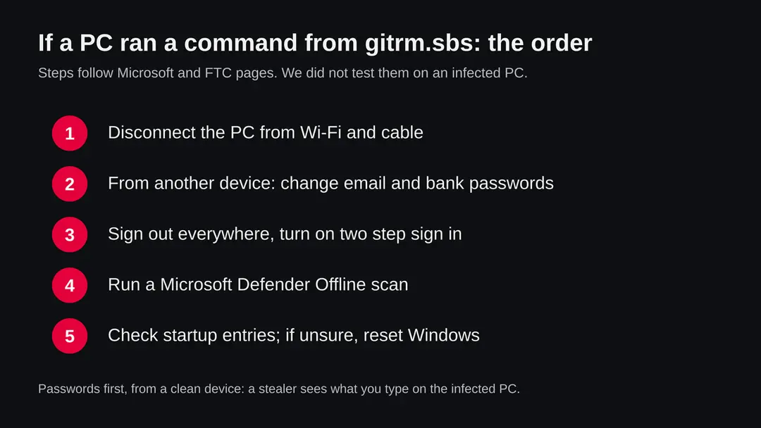 Five steps in order: disconnect the PC, change passwords from another device, sign out everywhere, run Defender Offline, check startup entries or reset Windows