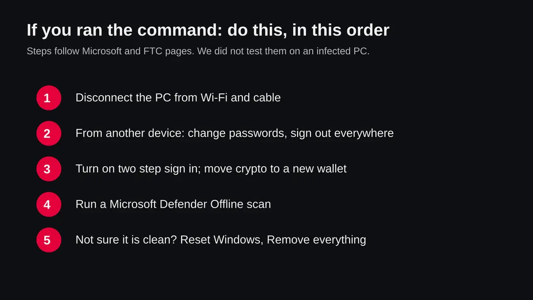 Five steps in order: disconnect the PC, change passwords from another device, turn on two step sign in, run a Defender Offline scan, reset Windows if unsure