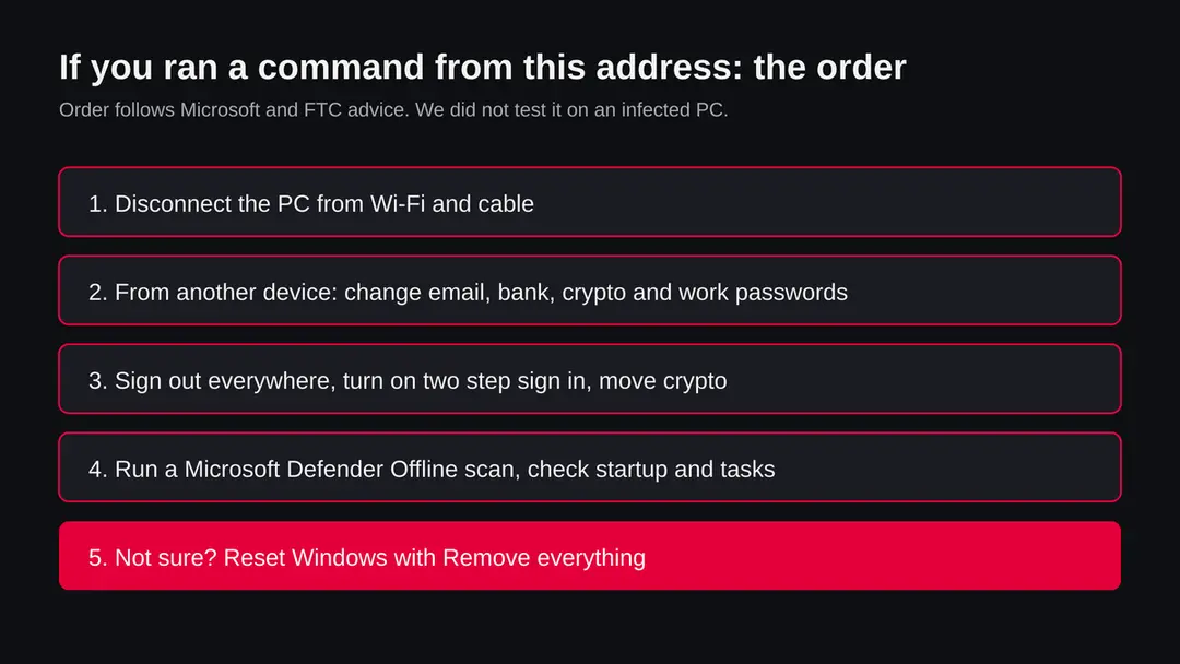 Five steps in order: disconnect the PC, change passwords from another device, sign out and move crypto, run a Defender Offline scan, reset Windows if unsure