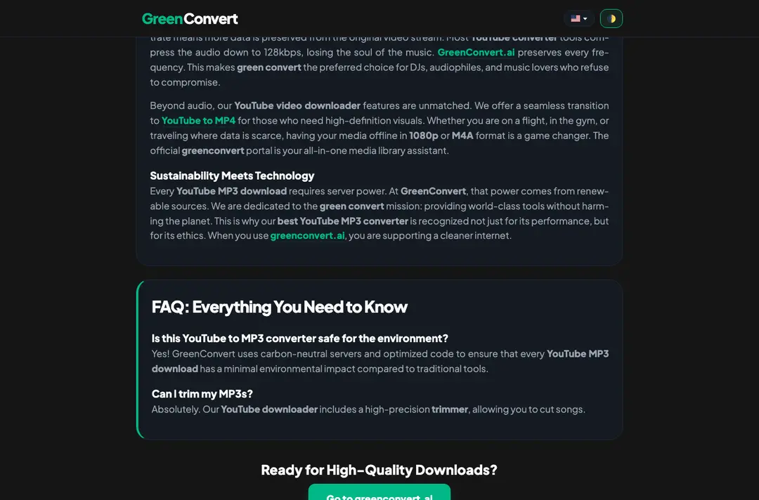 GreenConvert page scrolled to its text about sustainability and its FAQ, with a Go to greenconvert.ai button at the bottom