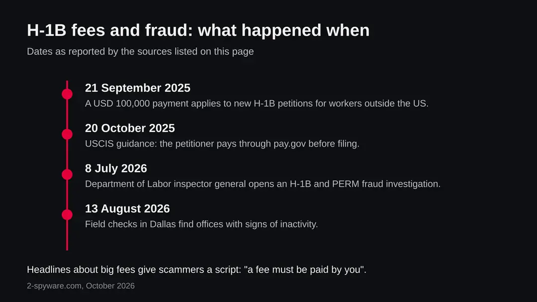 Timeline with four dates: 21 September 2025 fee starts, 20 October 2025 payment guidance, 8 July 2026 inspector general investigation, 13 August 2026 Dallas field checks