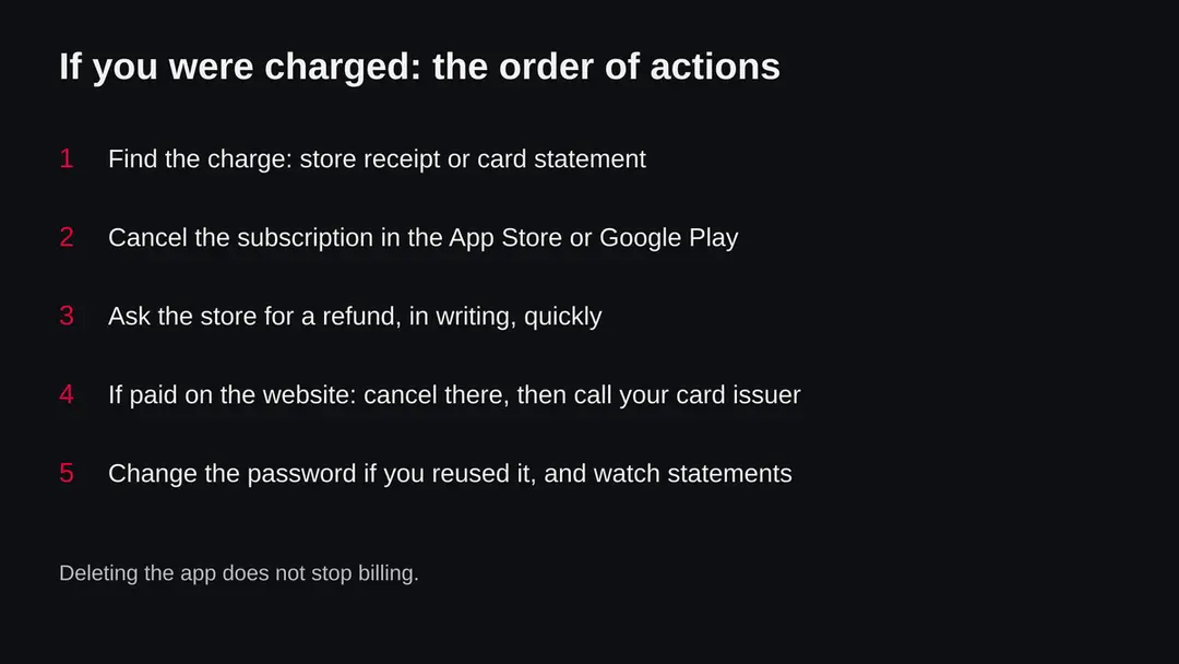 Five numbered steps: find the charge, cancel in the store, ask the store for a refund, cancel on the site and call the card issuer, change the password and watch statements