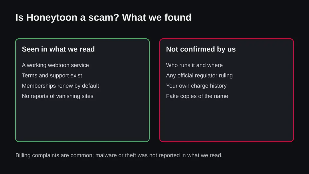 Two panels: what we saw in public pages about Honeytoon, such as a working service and renewal terms, and what we could not confirm, such as the owner and your own charges