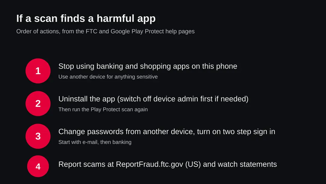 Four numbered actions after finding a harmful app: stop sensitive logins, uninstall, change passwords from another device, report and watch statements
