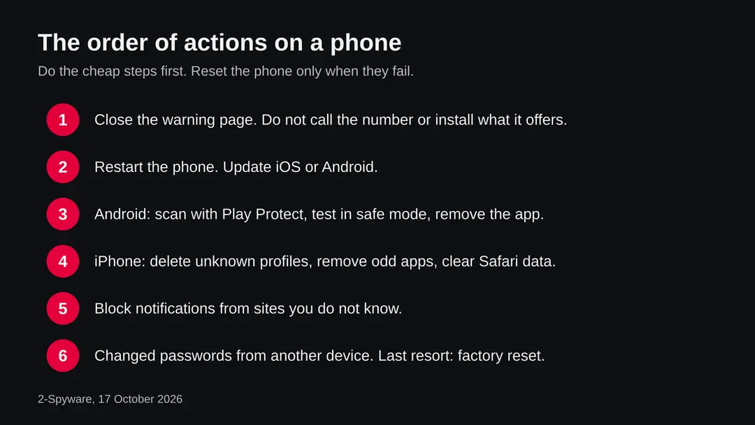 Six numbered steps: close the warning, restart and update, Android scan, iPhone profiles, block notifications, passwords and reset