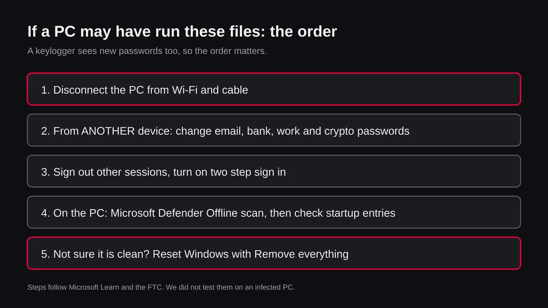 Five steps in order: disconnect the PC, change passwords from another device, sign out other sessions, run a Defender Offline scan, reset Windows if unsure