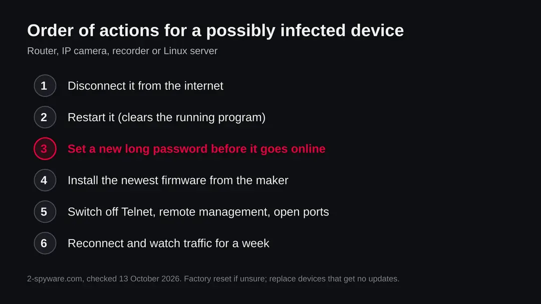 Infographic of the order of actions for an infected router or camera: disconnect, restart, new password, update firmware, close remote login, reconnect and watch