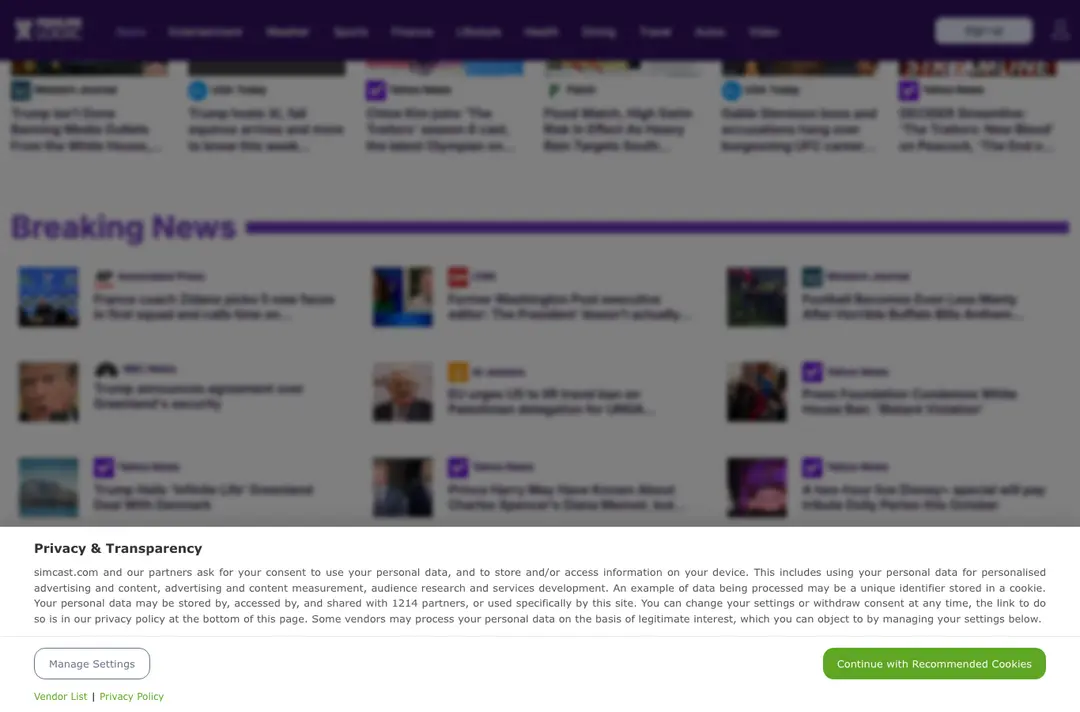 The page kb-ribaki.org ended on in our October 2026 test: a blurred news portal, HeadlineLogic, with a Privacy and Transparency consent box and a green Continue with Recommended Cookies button