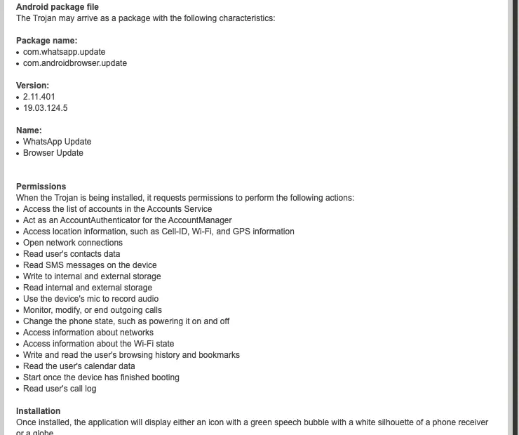 Symantec's list of package names, versions, display names and the permissions requested by Android.Lastacloud