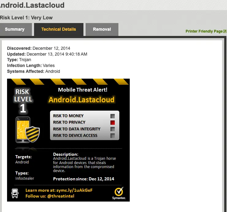 Symantec Mobile Threat Alert card for Android.Lastacloud, risk level 1, an infostealer for Android