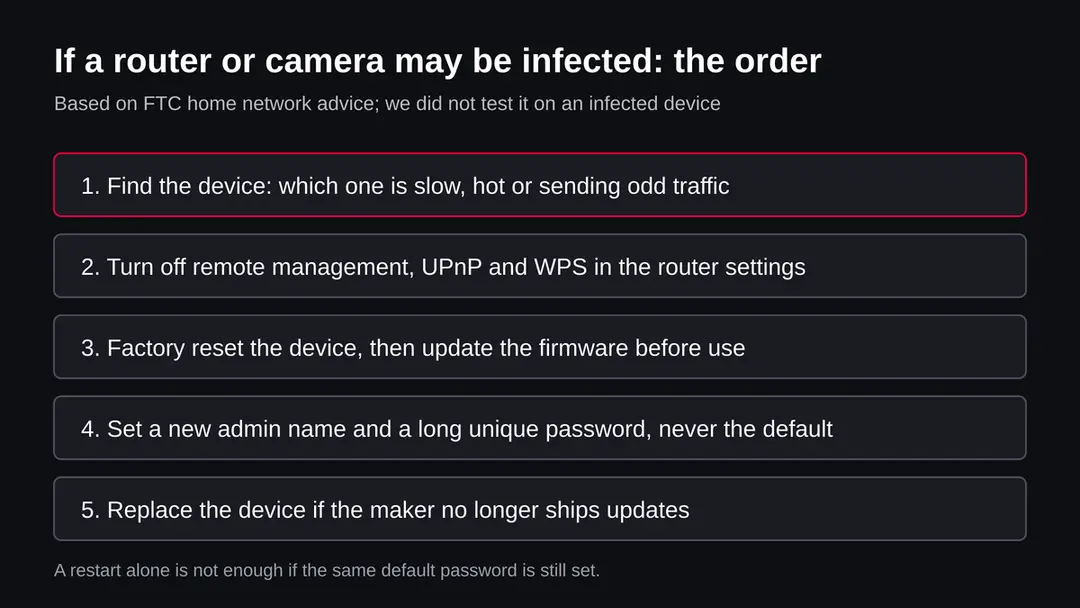 Five steps in order: find the device, turn off remote management, factory reset and update, set a new password, replace an unsupported device