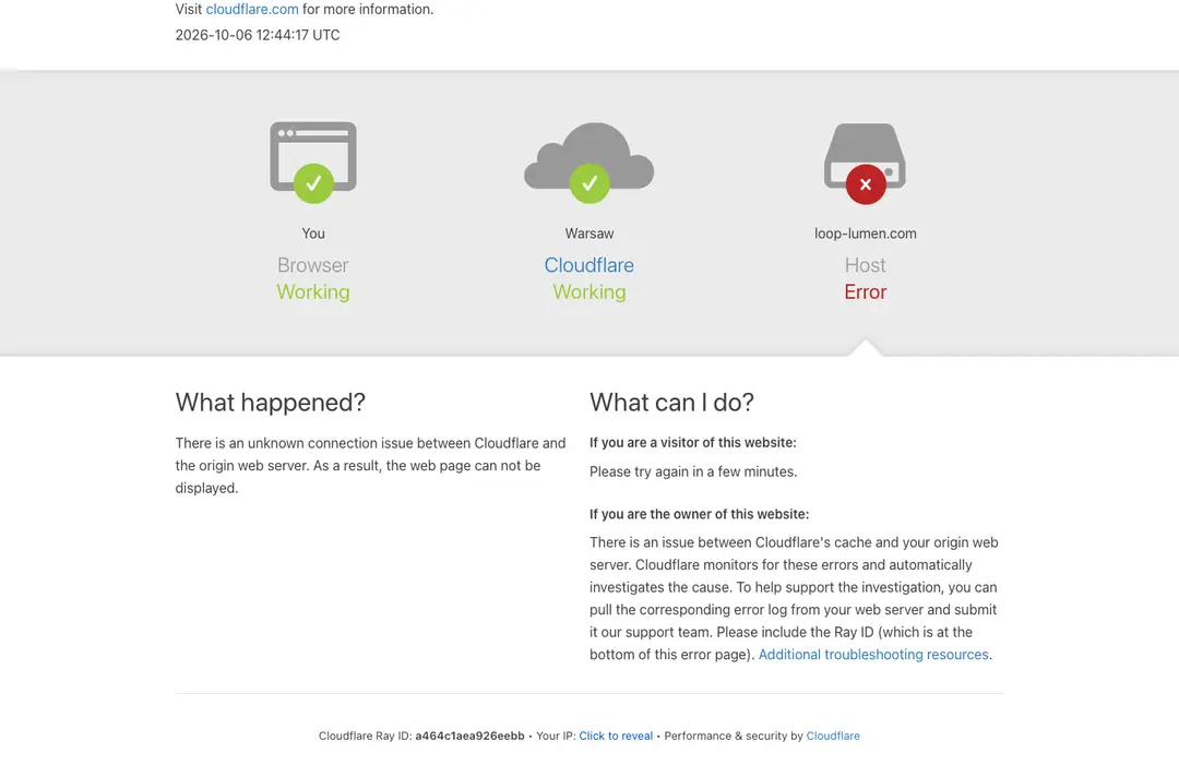 Cloudflare error page for loop-lumen.com: Browser and Cloudflare marked Working, the host marked Error, and the text There is an unknown connection issue between Cloudflare and the origin web server