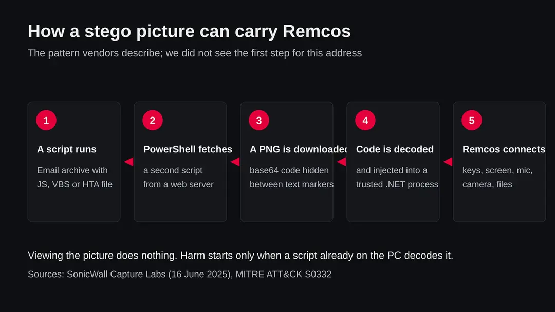Five steps: a script from an email archive runs, PowerShell fetches a second script, a PNG with hidden base64 code is downloaded, the code is decoded and injected into a trusted .NET process, Remcos connects to its controller