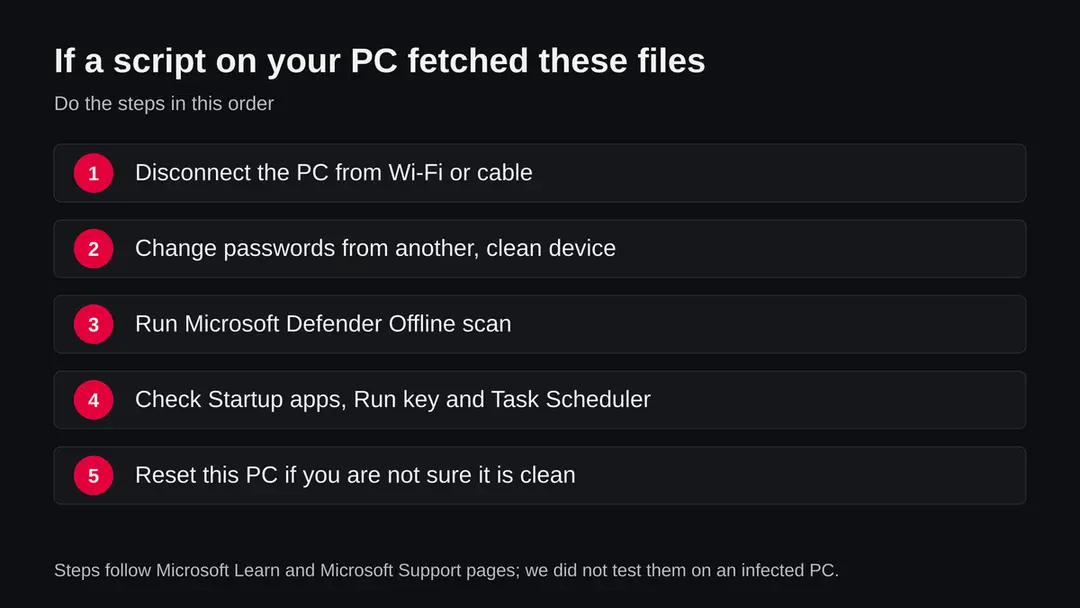 Five steps in order: disconnect the PC, change passwords from another device, run Microsoft Defender Offline, check startup entries and Task Scheduler, reset this PC if unsure