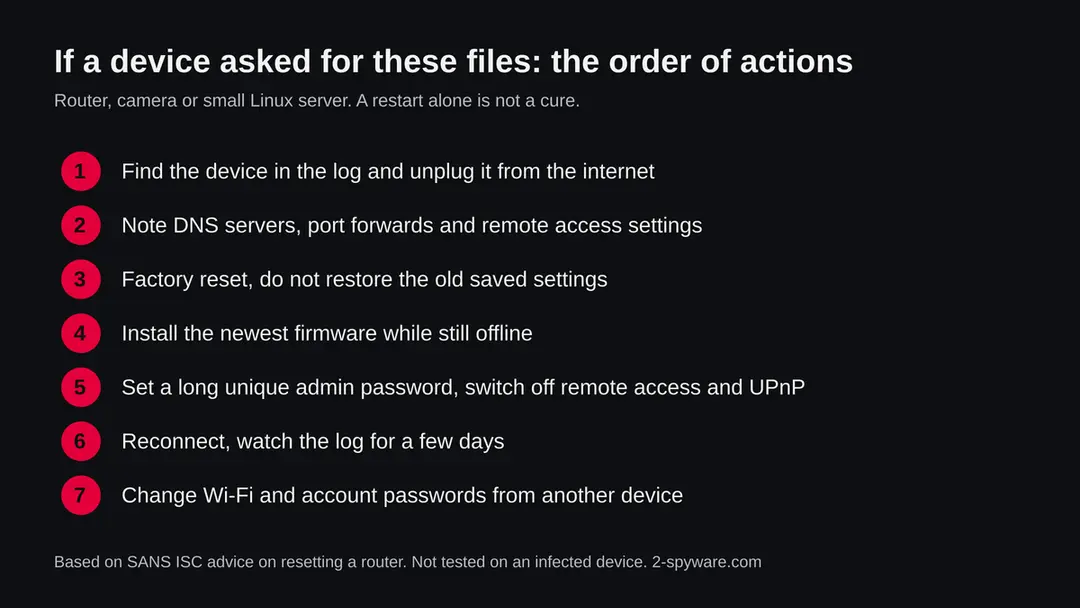 Seven numbered actions for a router or IoT device that asked for the files: unplug, note settings, factory reset, update firmware, new password, reconnect and watch, change passwords