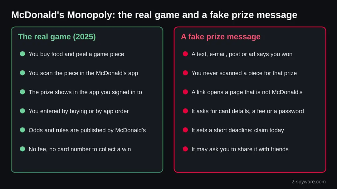Two panels side by side: the real McDonald's Monopoly game, where pieces are scanned in the McDonald's app and prizes show there, and a fake prize message that asks for card details, a fee and a quick reply