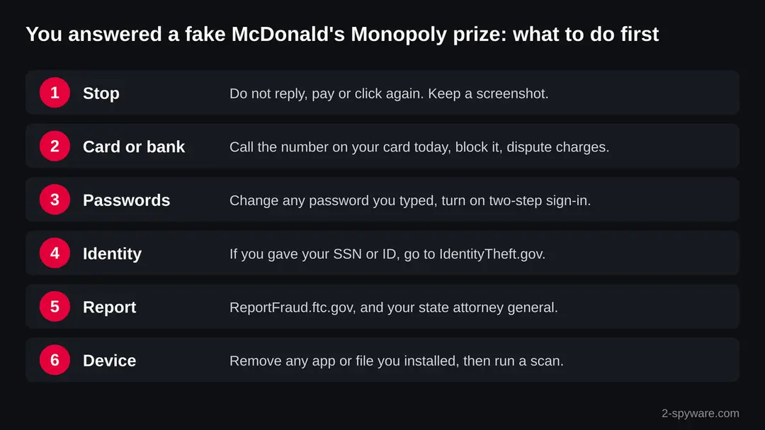 Six numbered steps after answering a fake McDonald's Monopoly prize: stop, call the card issuer, change passwords, protect your identity, report to the FTC and clean the device