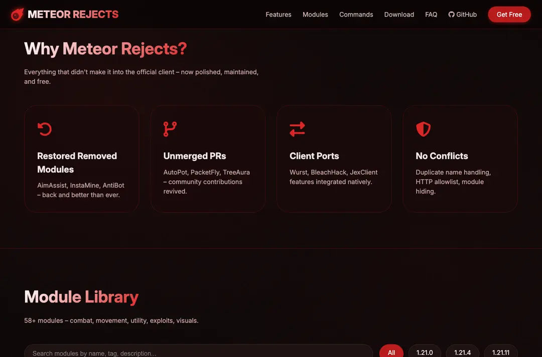 Part of the meteorrejects.net page in our test browser: the heading Why Meteor Rejects, four feature cards and a Module Library with version buttons 1.21.0, 1.21.4 and 1.21.11