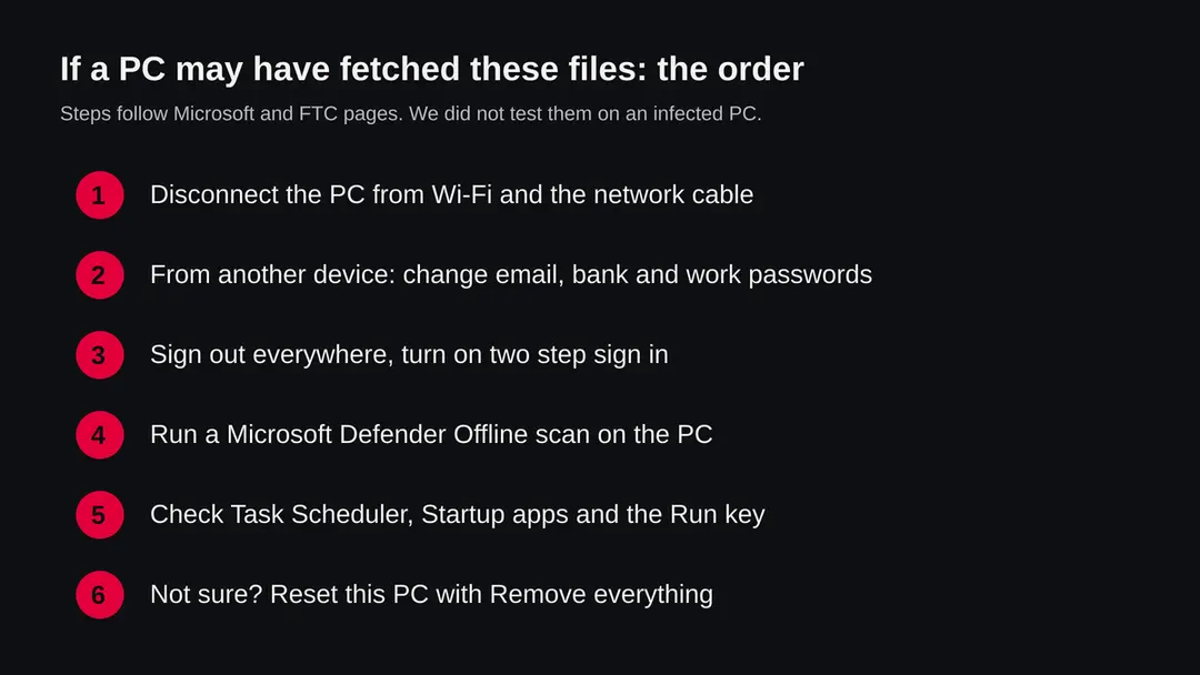 Six steps in order: disconnect the PC, change passwords from another device, sign out everywhere, run a Defender Offline scan, check startup entries, reset Windows if unsure