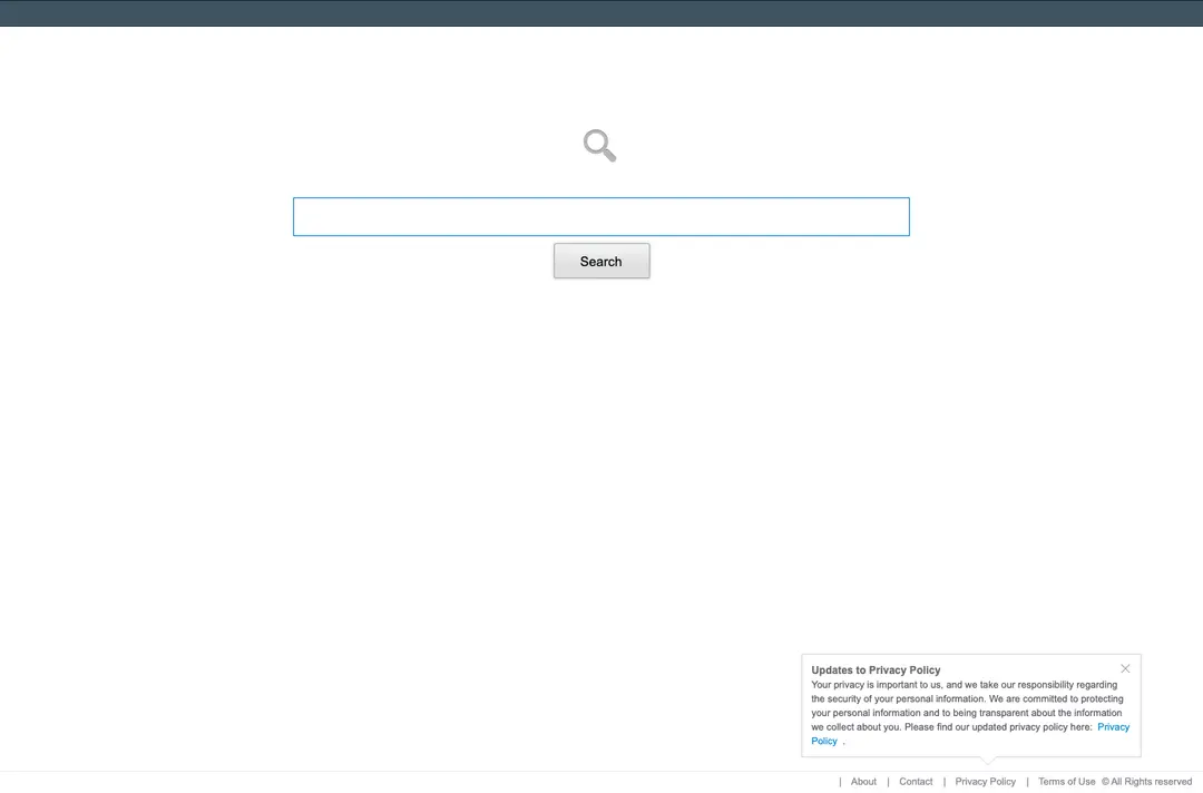 obsrchrdr.com start page in October 2026: a dark blue bar, a magnifying glass, an empty search box with a Search button and a privacy policy notice at the bottom right