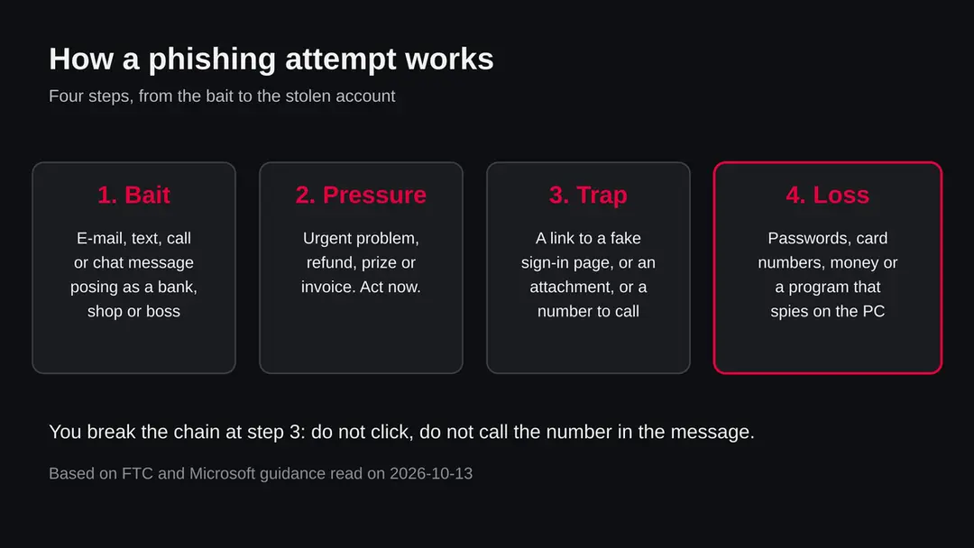 Four boxes in a row: bait message, pressure, trap link or number, and loss of passwords or money