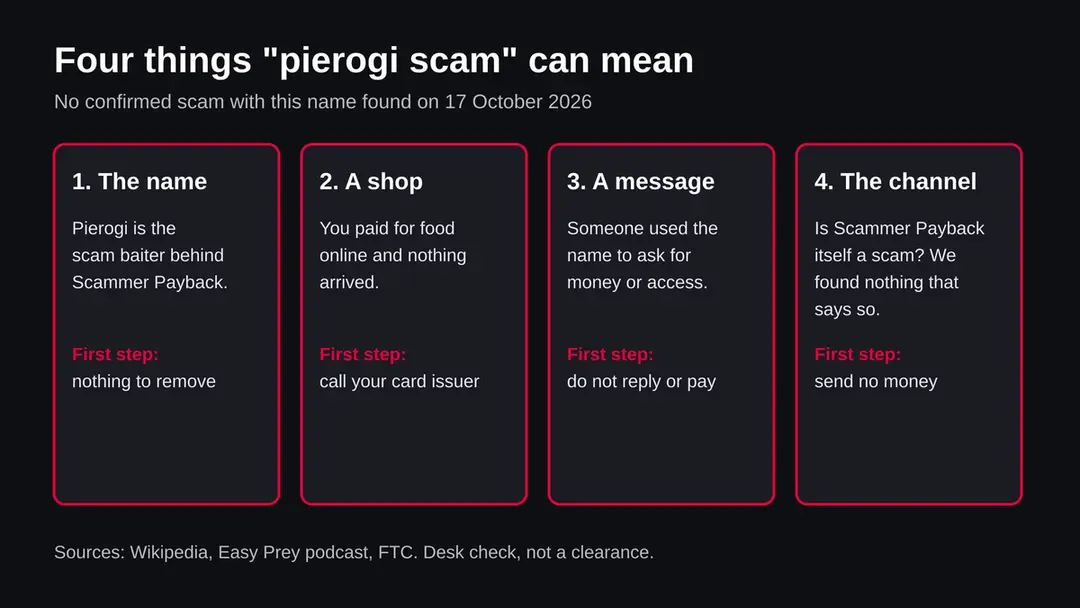Diagram of four meanings of the search pierogi scam: the scam baiter Pierogi, a fake food shop, a message using the name, and the channel itself