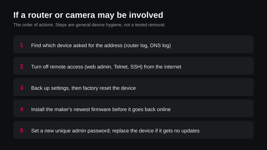 Five steps in order: find the device, turn off remote access, back up settings and factory reset, update the firmware, set a new password