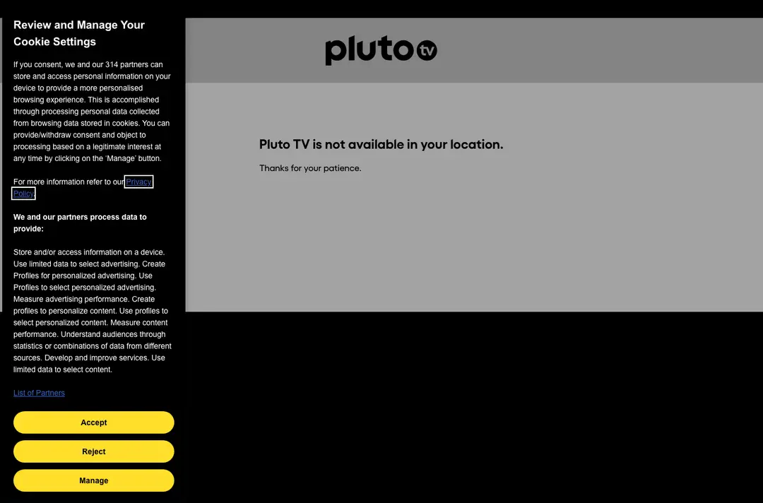 Pluto TV home page on 4 October 2026 with a cookie consent panel and the message Pluto TV is not available in your location