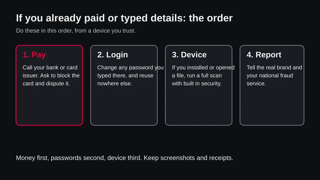 Four steps after paying a suspected fake shop: contact the bank, change passwords, scan the device, report it