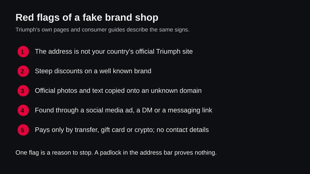 Five numbered red flags of a fake brand shop: wrong address, steep discounts, copied photos, social media route, unusual payment