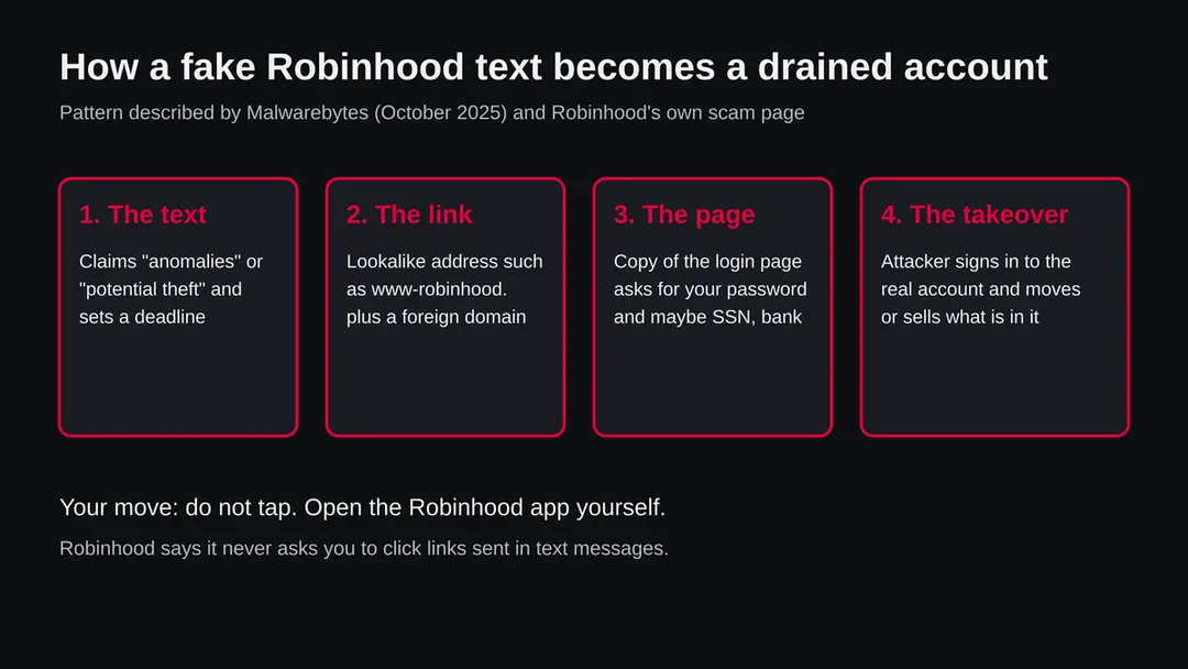Diagram in four steps: a fake Robinhood text, a lookalike link, a copy of the login page, an account takeover