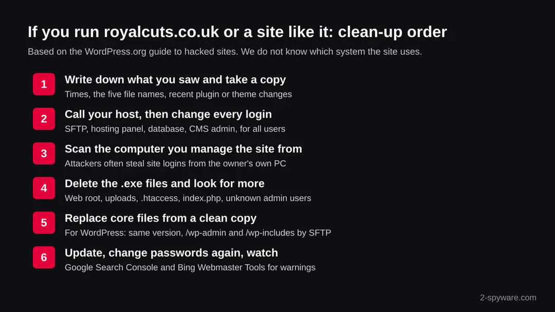 Six numbered steps for a site owner: write down what you saw, call the host and change logins, scan your own PC, delete the files, replace core files, update and watch