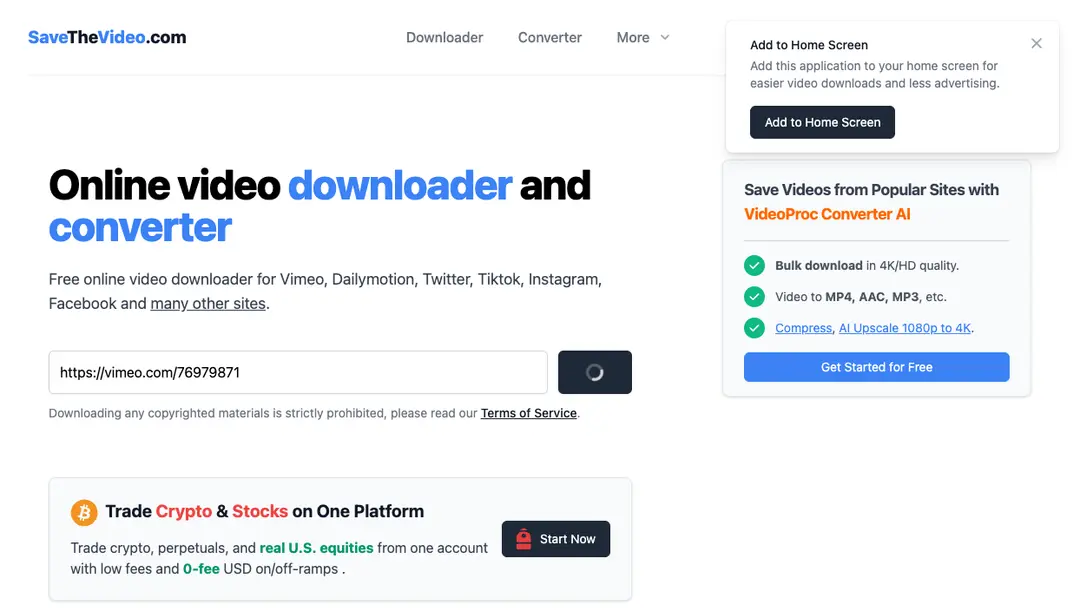 SaveTheVideo.com home page with the link box, a trading platform banner and a video converter ad