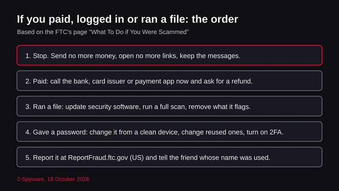 Five numbered steps: stop, call the payment provider, scan after running a file, change passwords, report the scam