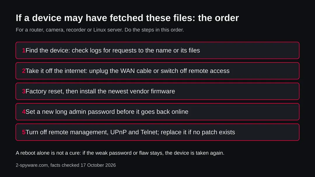 Five steps in order: find the device, take it off the internet, factory reset and update firmware, set a new admin password, turn off remote management and replace the device if no patch exists